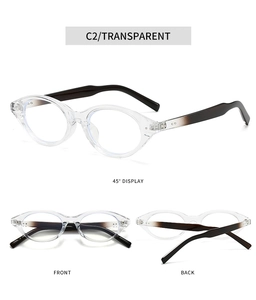 Three-view display of transparent oval glasses frames with dark gradient temples in C2 style