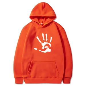 Orange fleece hoodie with white palm heart print featuring a kangaroo pocket and drawstring