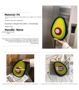 Detail showing avocado-shaped bag dimensions 24cm height with a gold chain strap