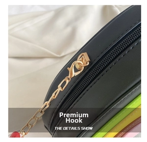 Close-up of golden zipper hardware and rainbow stripe detail on black crossbody bag