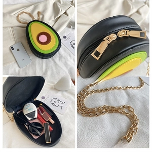 Detailed views of avocado-shaped mini chain bag showing zipper, interior and strap