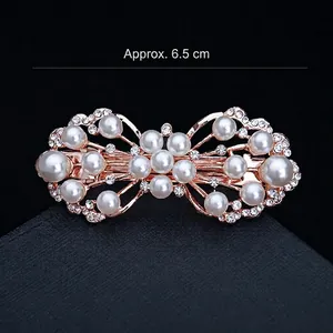 Rose gold bow hair clip with white pearls and sparkling rhinestones 6.5cm length