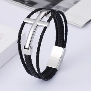 Men's multilayer black braided leather bracelet with silver stainless steel cross charm