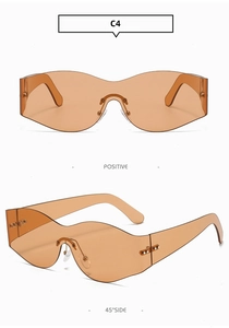 Detailed views of orange Y2K rimless wrap sunglasses with silver rivets and sleek curved lens