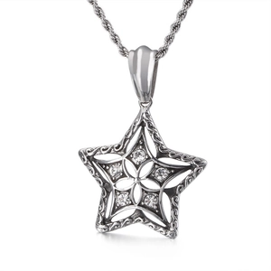 Stainless Steel Pentagram Star Pendant Retro Carved Hollow Zirconia Inlaid Jewelry Accessory For Men Women