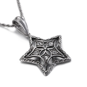 Silver stainless steel star pendant necklace with crystals and twisted rope chain