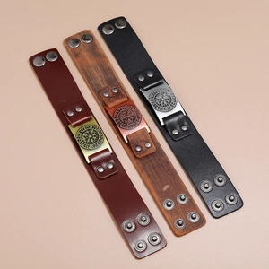 Vintage Viking Vegvisir leather bracelets in black and brown with adjustable metal snaps