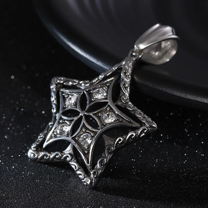 Men's vintage stainless steel pentagram star pendant with rhinestones on black background