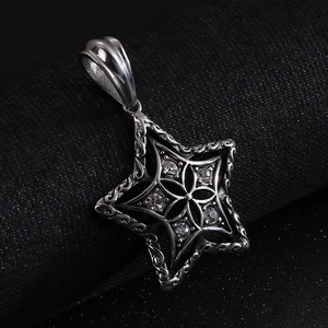 Retro stainless steel pentagram star pendant necklace for men with faceted crystals