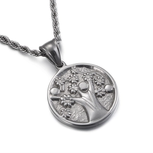Tree Of Life Round Pendant Stainless Steel Relief Engraved Minimalist Fashion Jewelry For Men Daily Wear