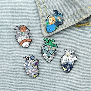 Creative Heart Enamel Pins Alloy Anatomical Heart Brooches Badges Artistic Paint Floral Ocean Jewelry For Clothing Backpack