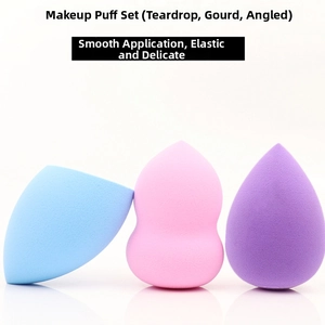 Detailed view of teardrop, gourd, and slanted cut makeup sponges in three soft colors