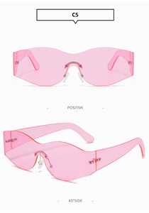 Close-up of Y2K frameless curved sunglasses in pink with wavy edges and silver nose pads