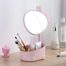 Pink cute cartoon desktop makeup mirror with integrated storage base for cosmetics