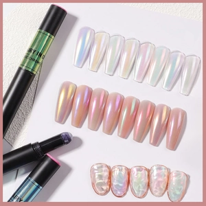 Solid chrome nail cushion pen creating aurora pearl and metallic mirror finish effects