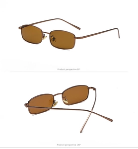 Vistas frontal y trasera de gafas de sol rectangulares de metal con lentes marrones