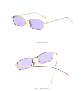 Vistas detalladas de las gafas de sol rectangulares de metal con lentes teñidas de púrpura