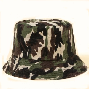 Close-up of durable canvas bucket hat featuring a classic jungle camouflage pattern print