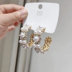 C-Shaped Hoop Earrings With Faux Artificial Pearl Rhinestone Alloy 925 Sterling Silver Earring Post French Retro Elegant For Women