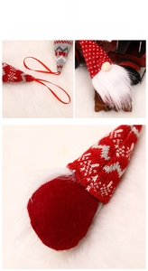 Detail of Christmas gnomes showing knitted fabric, faux fur texture and red silk hanging rope