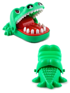 Close-up of green cartoon mouse biting toy showing open and closed mouth states