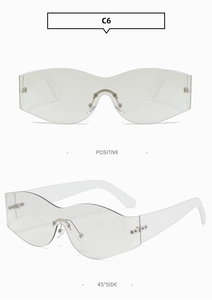 Detailed views of rimless Y2K sunglasses with curved clear lenses and metal screw hinges
