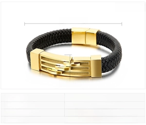 Detailed view of black woven leather men's bracelet with gold stainless steel clasp