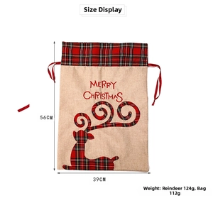 Detailed view of burlap Christmas gift bag with plaid deer print and 56x39cm dimensions