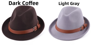 Detail of wool fedora hats with leather bands and silver buckles in dark coffee and light grey