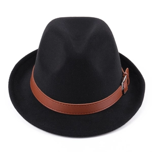 Detail of black wool felt fedora featuring a brown leather band and silver metal buckle