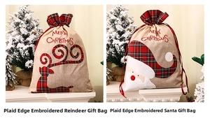 Detail of Christmas burlap gift bags with reindeer and Santa Claus embroidery patterns