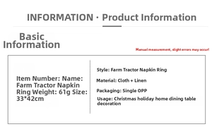 Detailed size specifications for farm tractor placemat in 33x42cm made of cloth and burlap