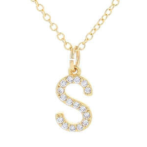 Minimalist gold S letter pendant necklace with sparkling white zircons on O-chain