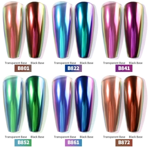 Comparaison de 6 poudres à ongles chromées sur bases transparente et noire pour effet miroir