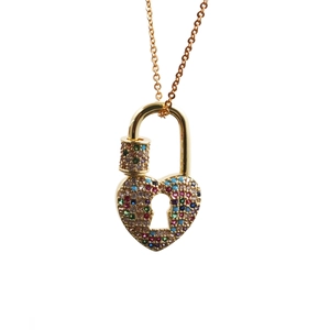 Golden necklace featuring a heart-shaped lock pendant with colorful inlaid gemstones