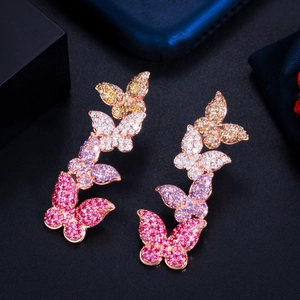 Elegant rose gold butterfly drop earrings with colorful gradient zircon stones for women
