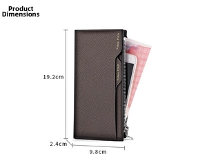 Detailed product dimensions for the brown leather long wallet showing height width and thickness
