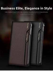 Close-up of premium pebbled leather men's long wallets in black and dark brown