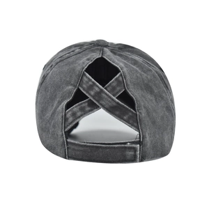 Casquette de baseball en coton délavé gris foncé avec design croisé pour queue de cheval
