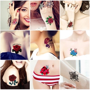 Collage showing colorful rose and butterfly waterproof tattoo stickers on various body parts