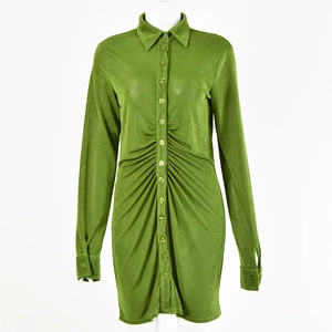Sexy green long sleeve button down shirt dress with gathered waist detail and lapel collar