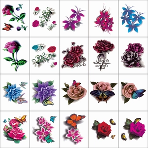 Detail view of 20 colorful flower and butterfly waterproof temporary tattoo stickers