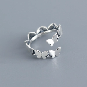 925 Sterling Silver Butterfly Ring Adjustable Opening Vintage Beaded Design Korean Ins Style Dainty Jewelry For Women