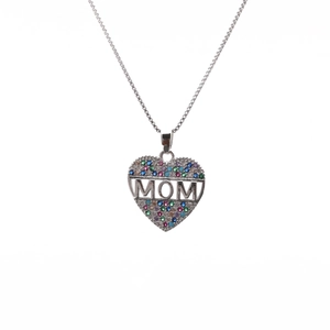 Silver MOM heart pendant necklace with colorful cubic zirconia on a box chain