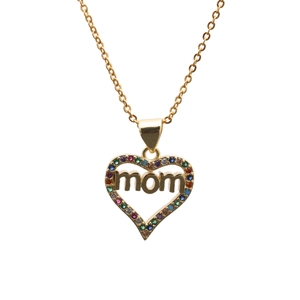 Golden heart pendant necklace with MOM lettering and colorful micro-set zircons on white