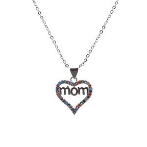 Silver MOM heart necklace with colorful zircon pavé stones on white background