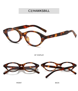 Detailed views of tortoiseshell oval eyewear frames with vintage rivet accents