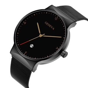 Close-up of Geneva men's black quartz watch featuring mesh strap and calendar date window