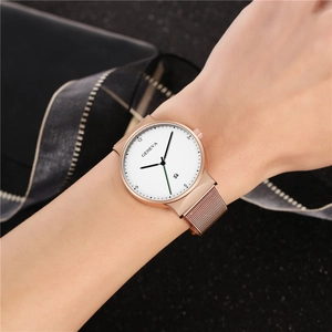 Minimalist men's Geneva quartz watch with rose gold mesh strap and white dial