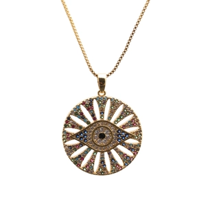 Golden Evil Eye pendant necklace with multi-color stones on a thin box chain for women